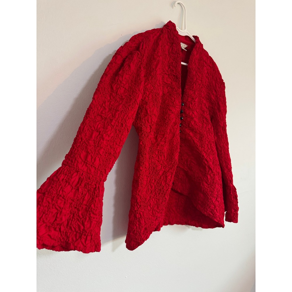 Nexx Red Crinkle Texture Cotton Blouse Bell Sleeve Button Down Top Large